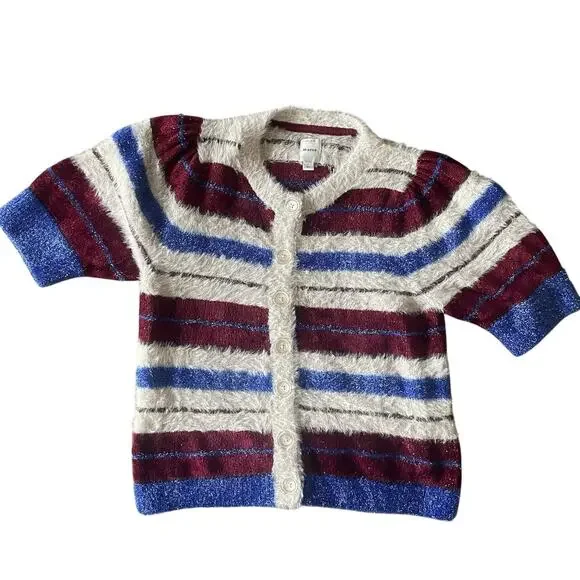 Maeve Anthropologie Short Sleeve Cardigan Sweater Womens LARGE Red Blue Sparkle - Picture 2 of 11